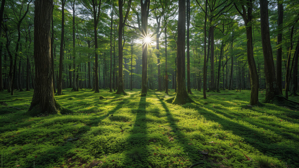 Ein schöner Wald mit Sonne und grünem Moos